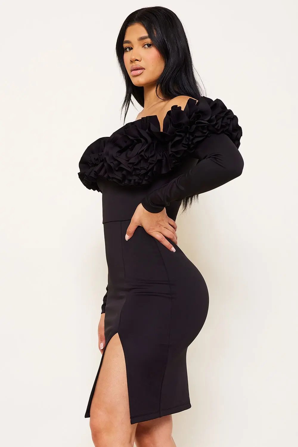 Off Shoulder Midi Dress With Ruffle Sleeve & Zipper Back BOUTINIE