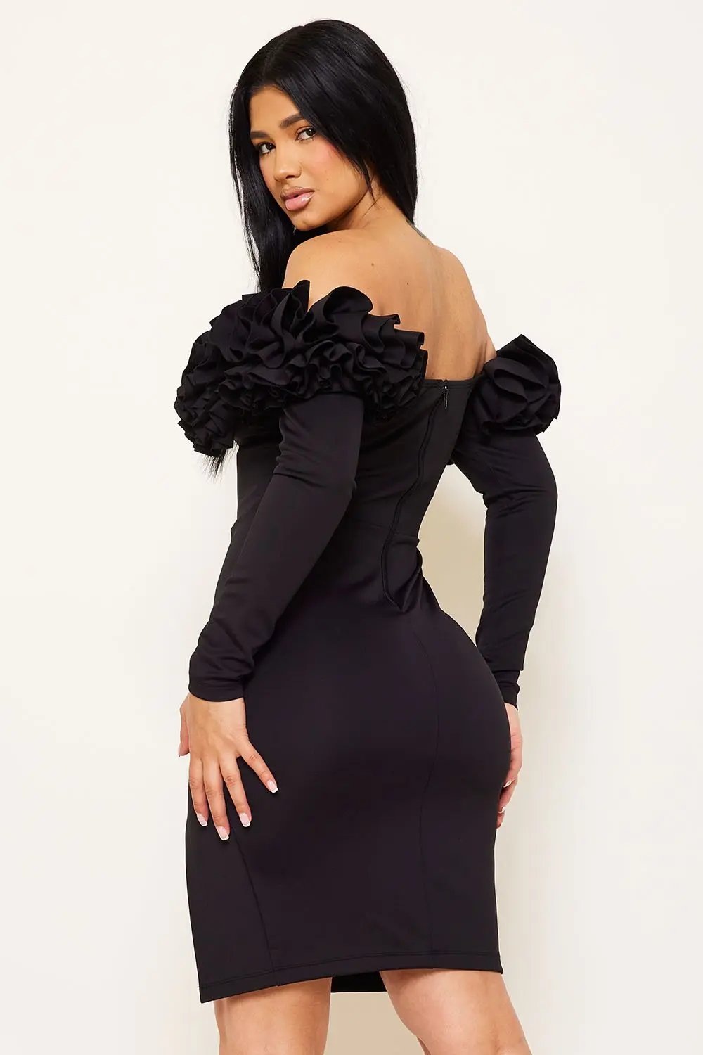 Off Shoulder Midi Dress With Ruffle Sleeve & Zipper Back BOUTINIE