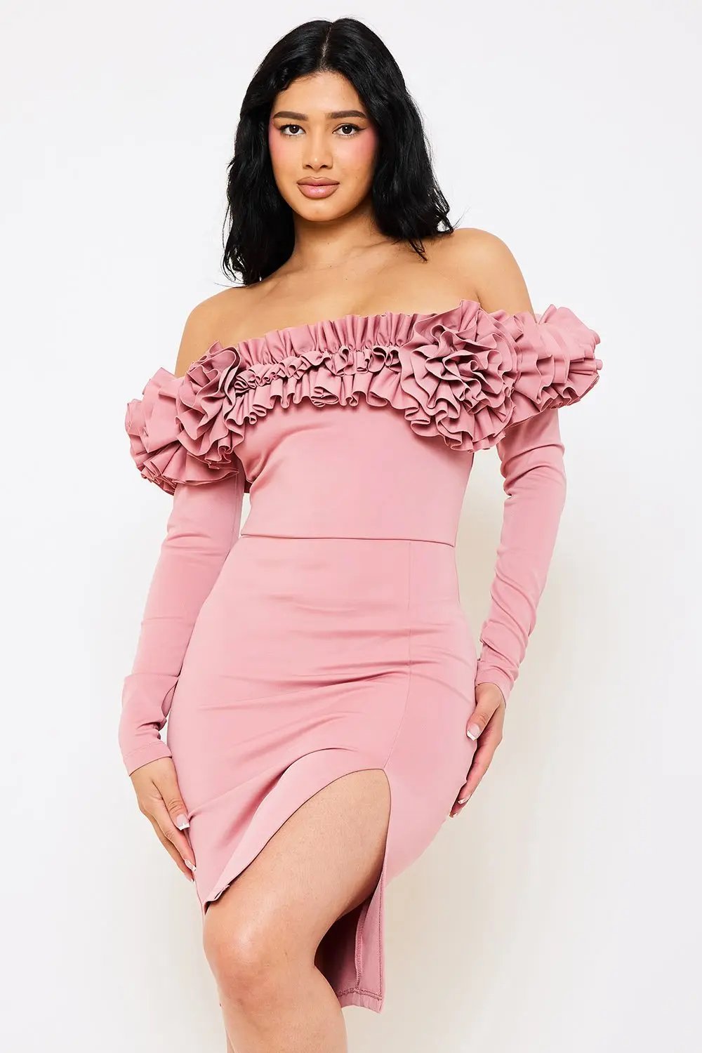 Off Shoulder Midi Dress With Ruffle Sleeve & Zipper Back BOUTINIE