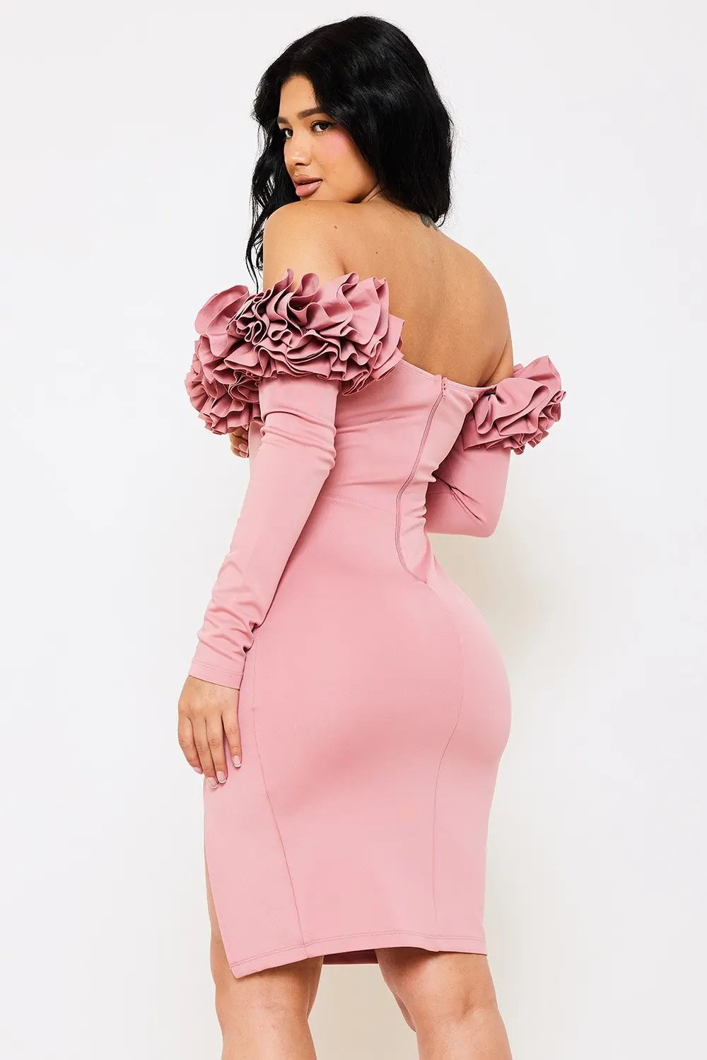 Off Shoulder Midi Dress With Ruffle Sleeve & Zipper Back BOUTINIE