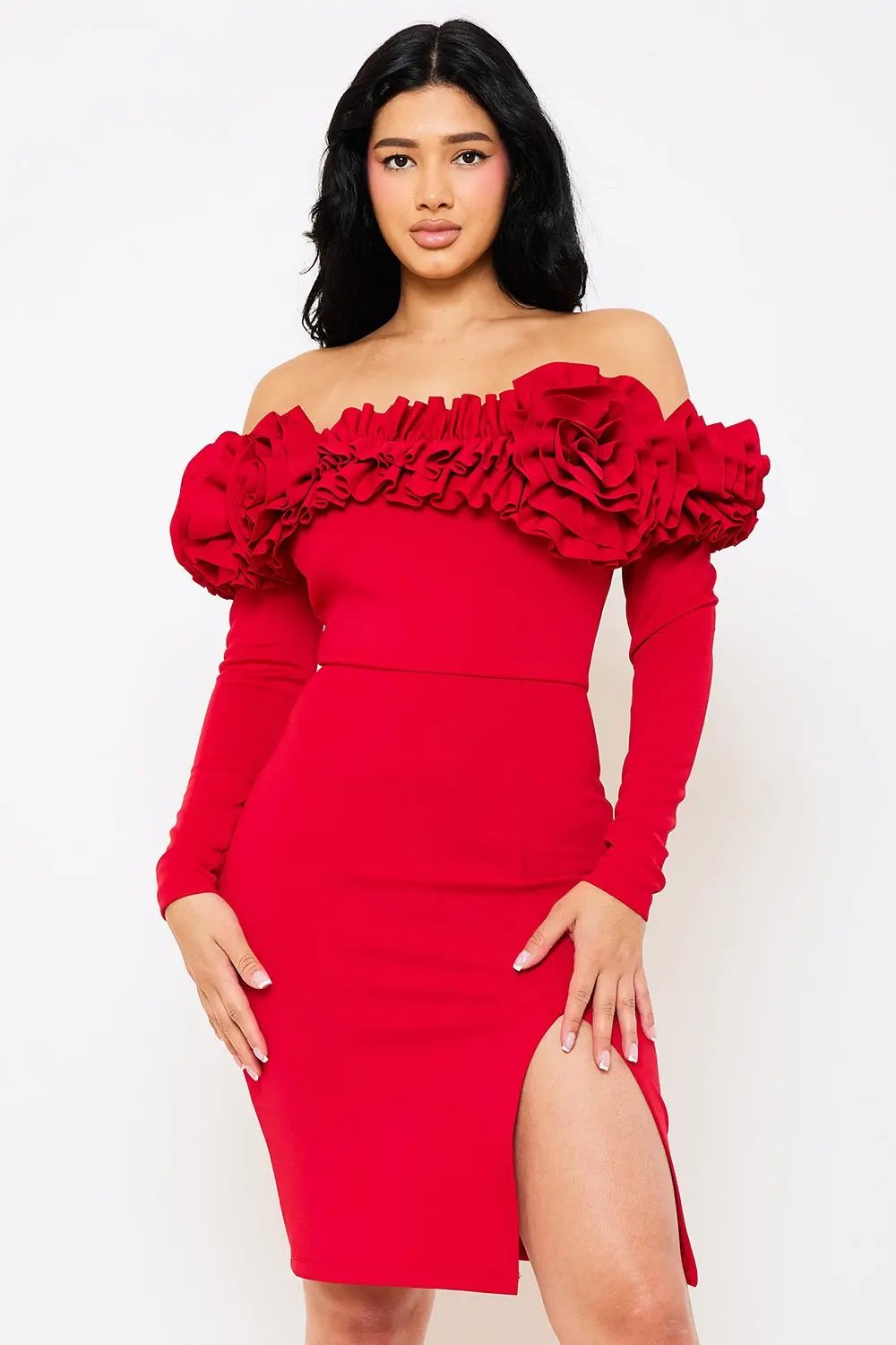 Off Shoulder Midi Dress With Ruffle Sleeve & Zipper Back BOUTINIE