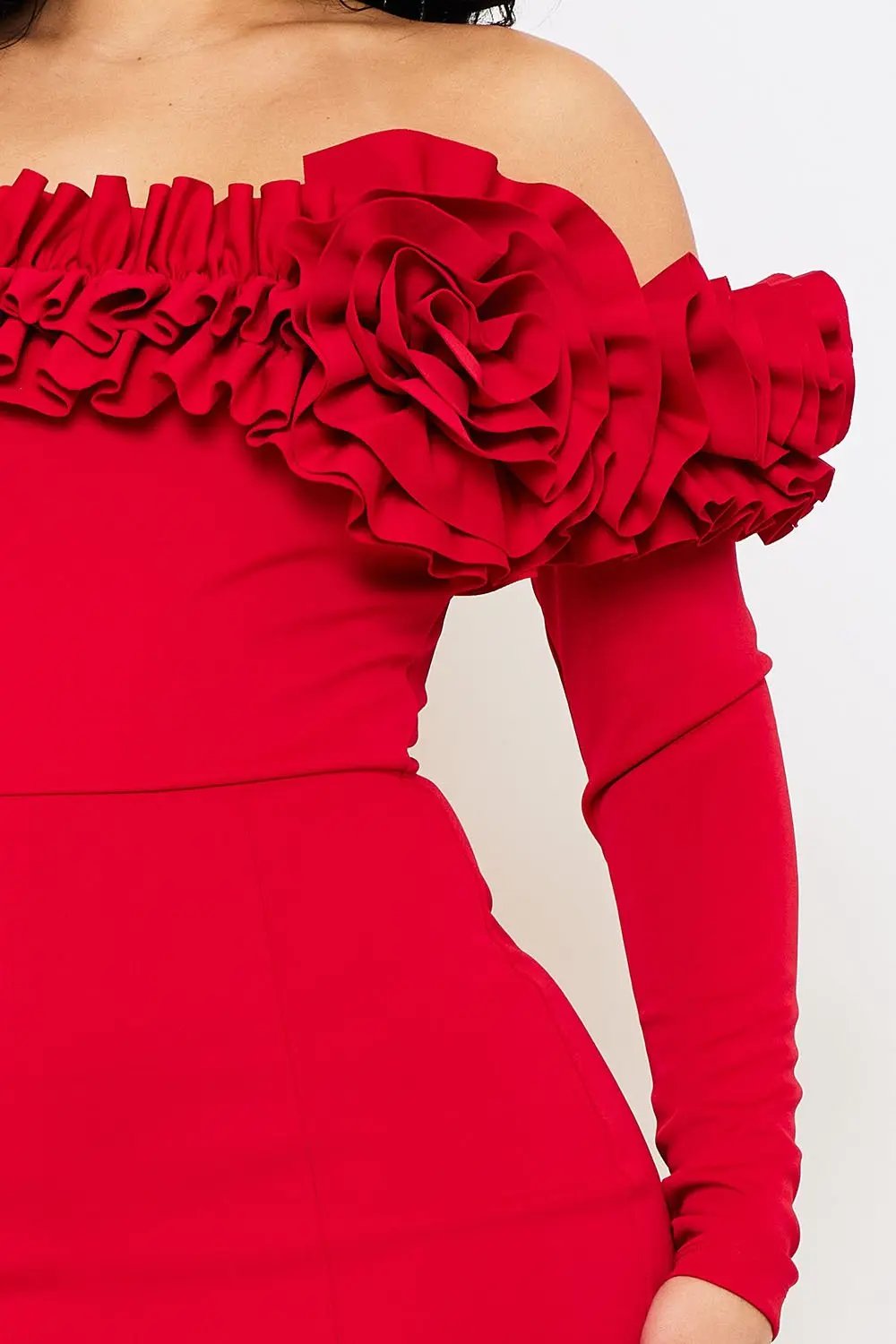 Off Shoulder Midi Dress With Ruffle Sleeve & Zipper Back BOUTINIE