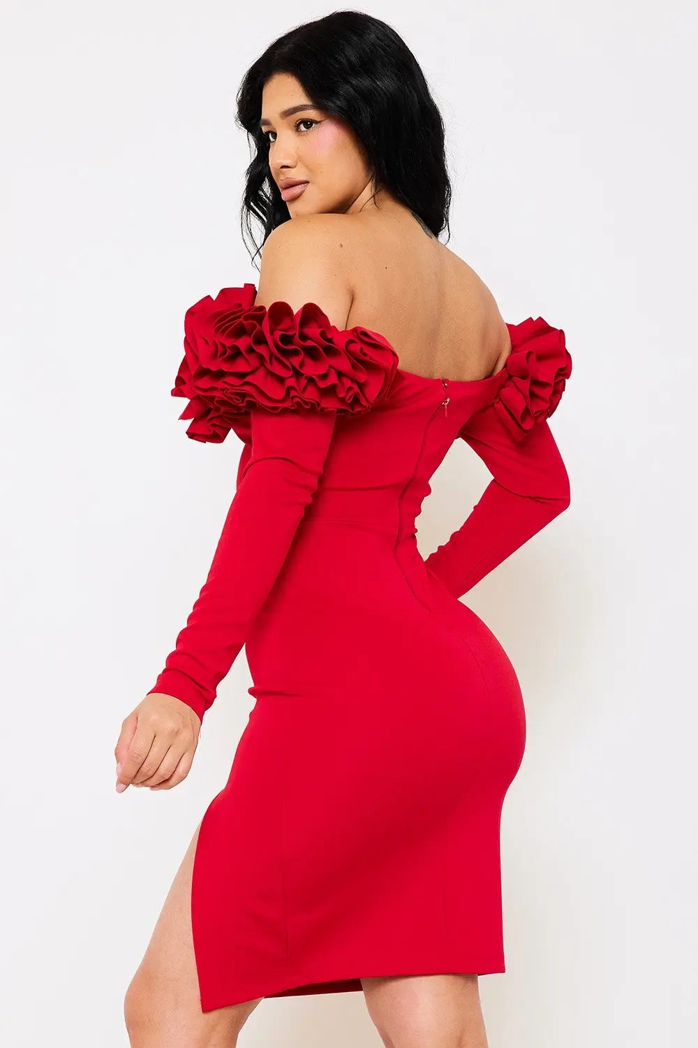 Off Shoulder Midi Dress With Ruffle Sleeve & Zipper Back BOUTINIE