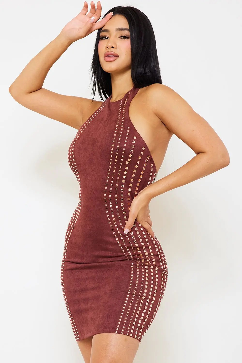 Suede Mini Dress - Rhinestone Strap Halter Neck Party Dress BOUTINIE