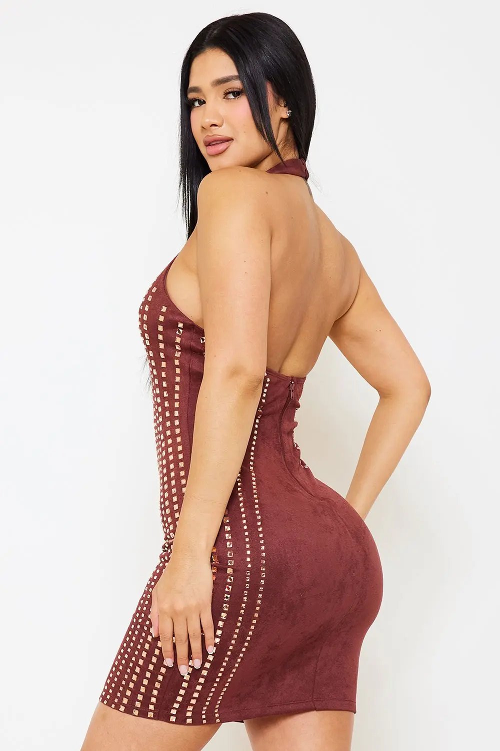 Suede Mini Dress - Rhinestone Strap Halter Neck Party Dress BOUTINIE