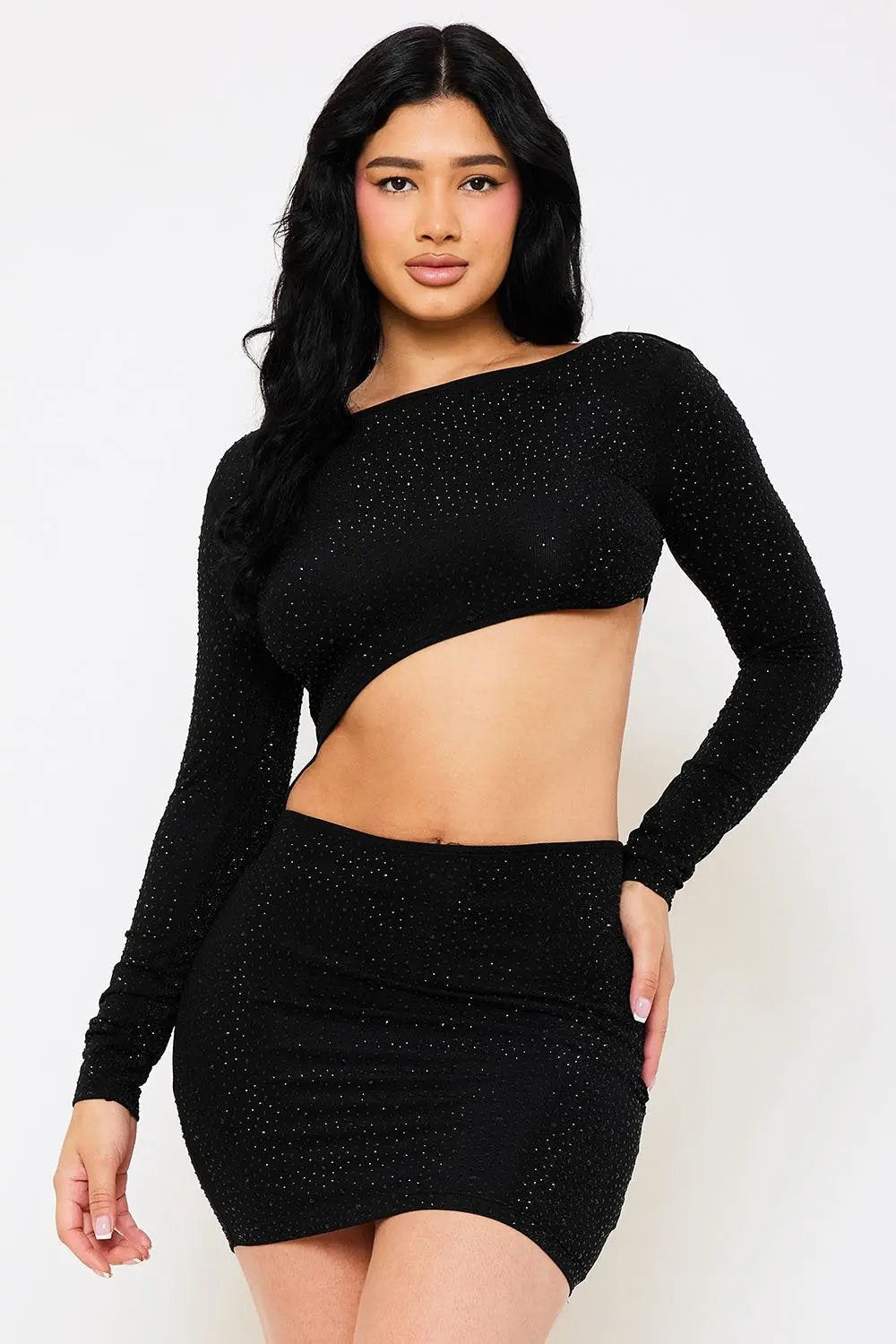 Rhinestone Cutout Mini Dress - Long Sleeve Open Back Waist Detail BOUTINIE