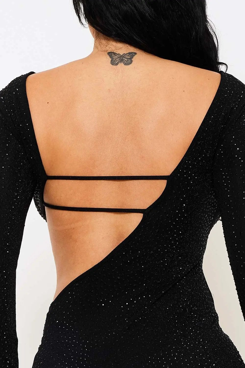 Rhinestone Cutout Mini Dress - Long Sleeve Open Back Waist Detail BOUTINIE