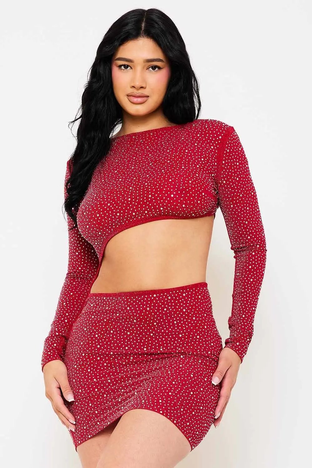 Rhinestone Cutout Mini Dress - Long Sleeve Open Back Waist Detail BOUTINIE