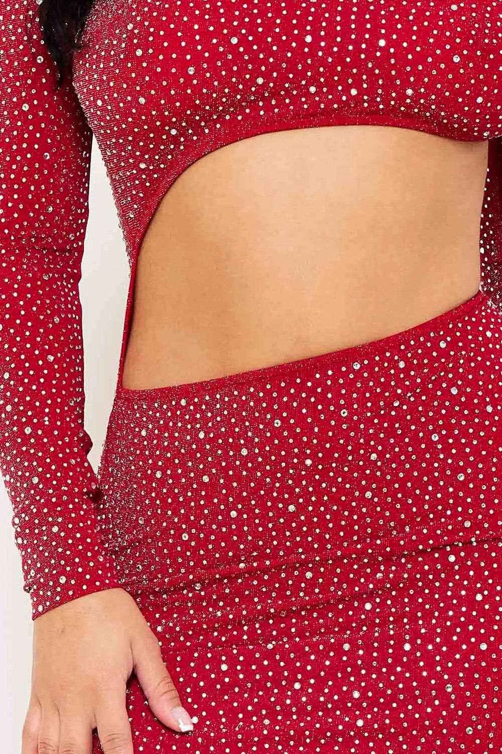 Rhinestone Cutout Mini Dress - Long Sleeve Open Back Waist Detail BOUTINIE