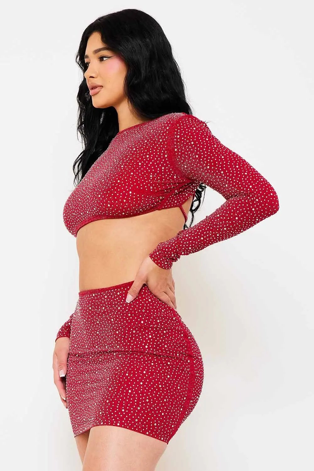 Rhinestone Cutout Mini Dress - Long Sleeve Open Back Waist Detail BOUTINIE
