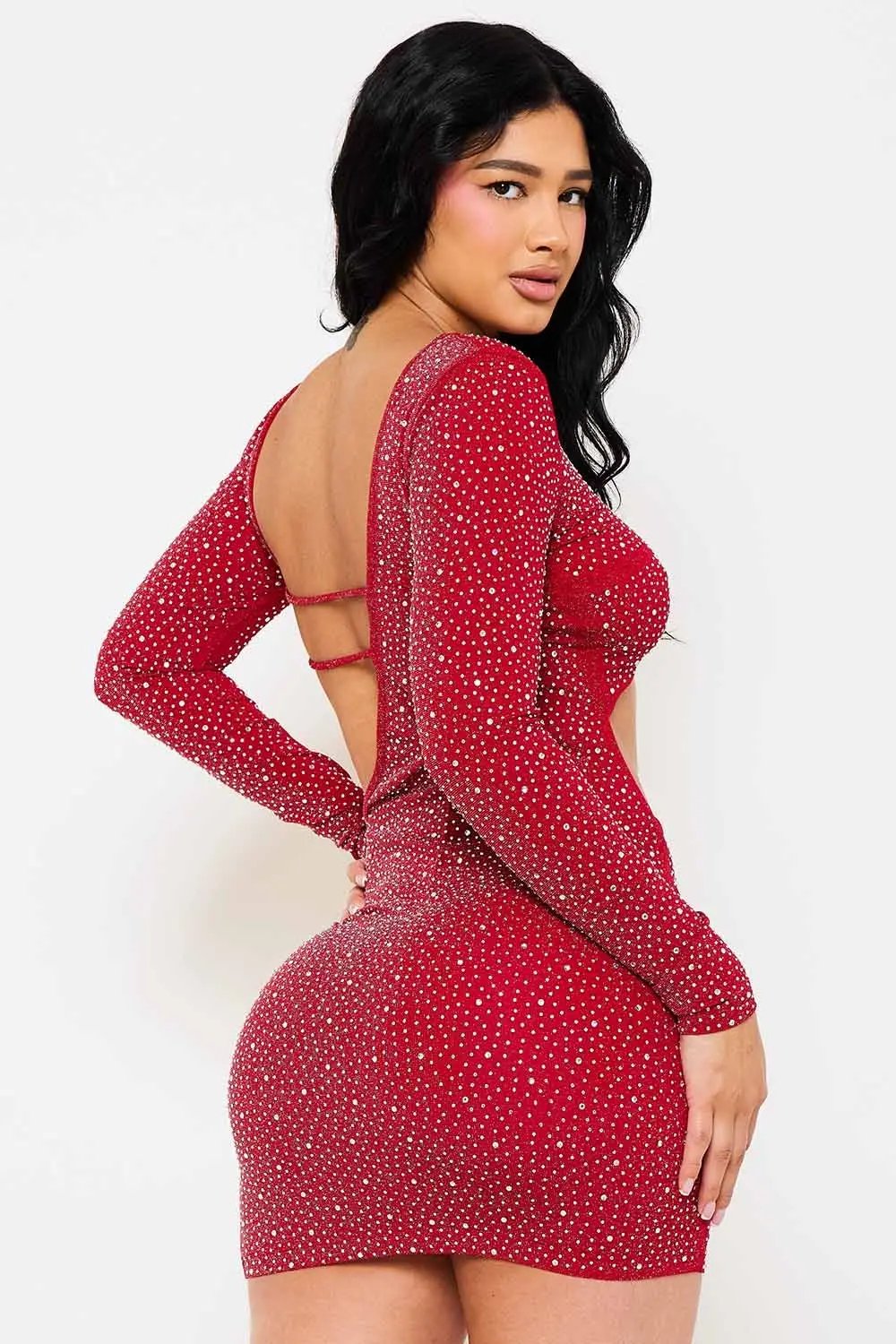 Rhinestone Cutout Mini Dress - Long Sleeve Open Back Waist Detail BOUTINIE