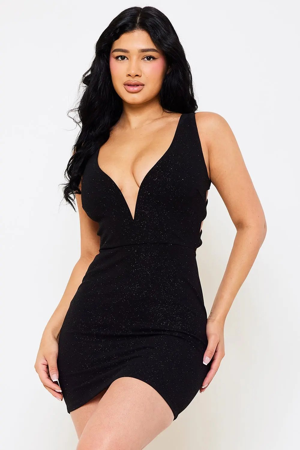 Glittered Mini Dress - Criss-Cross Open Back Zipper Party Wear BOUTINIE