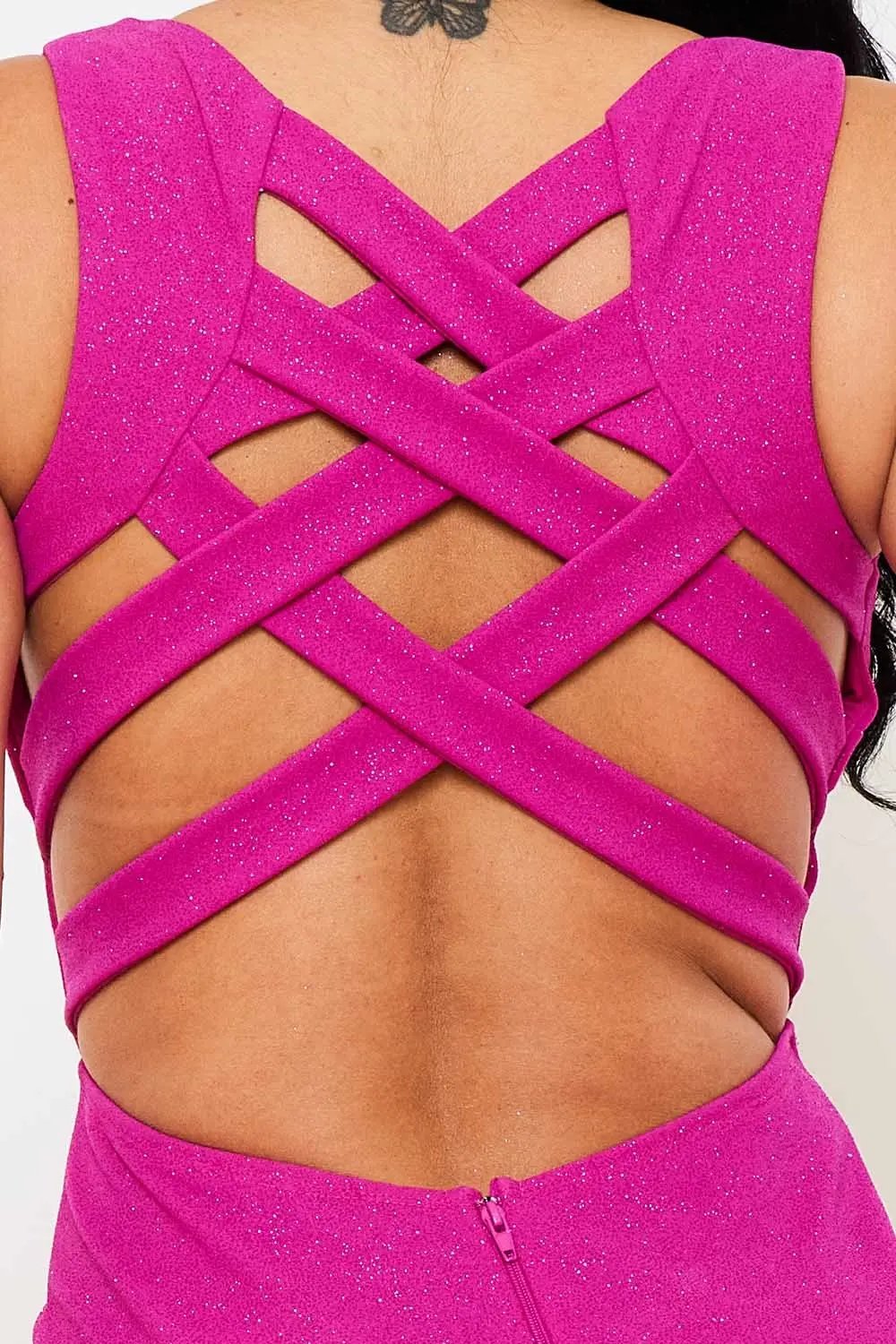 Glittered Mini Dress - Criss-Cross Open Back Zipper Party Wear BOUTINIE