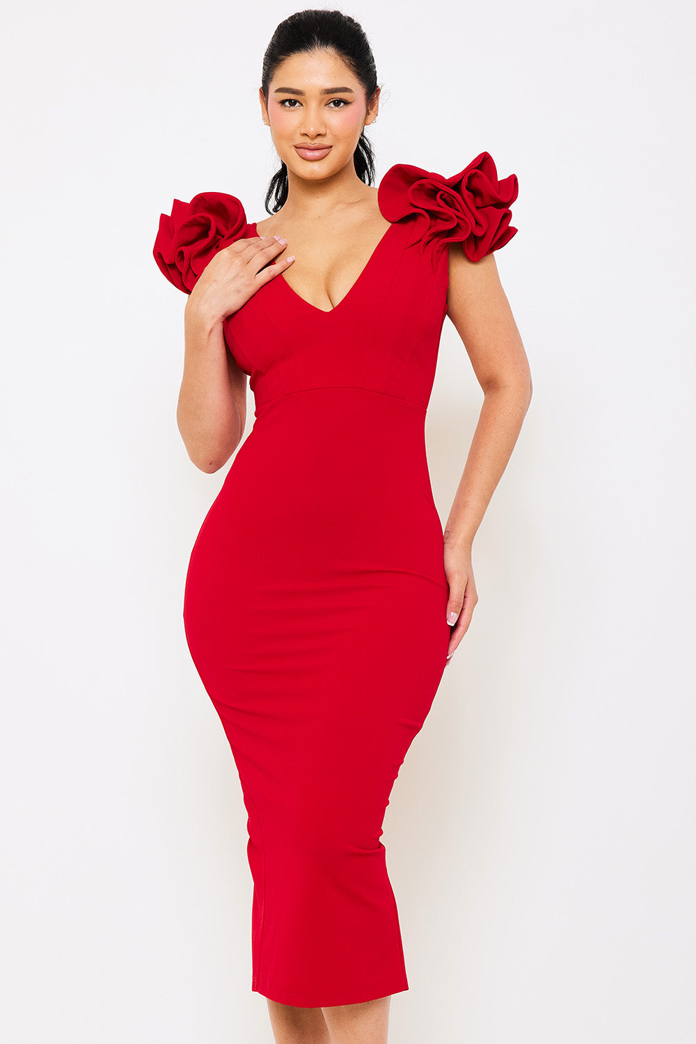 Sd1122ap - Ruffle Detail Shoulder Midi  Dress Symphony USA Wholesale