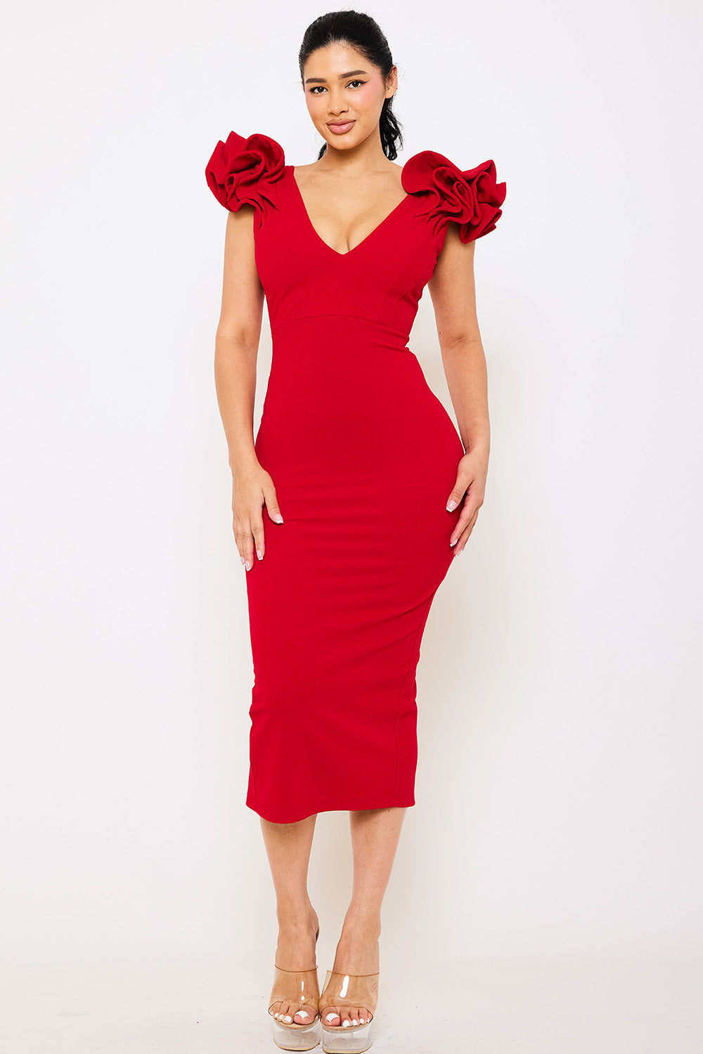 Sd1122ap - Ruffle Detail Shoulder Midi  Dress Symphony USA Wholesale