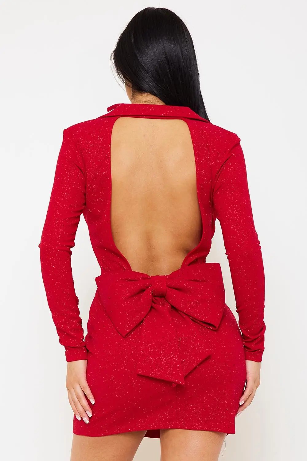 Glittered Mini Dress - Open Back Rhinestone Strap With Bow Detail BOUTINIE