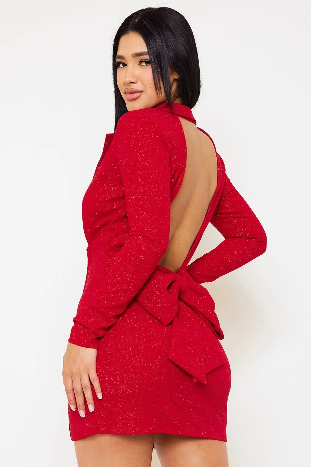 Glittered Mini Dress - Open Back Rhinestone Strap With Bow Detail BOUTINIE