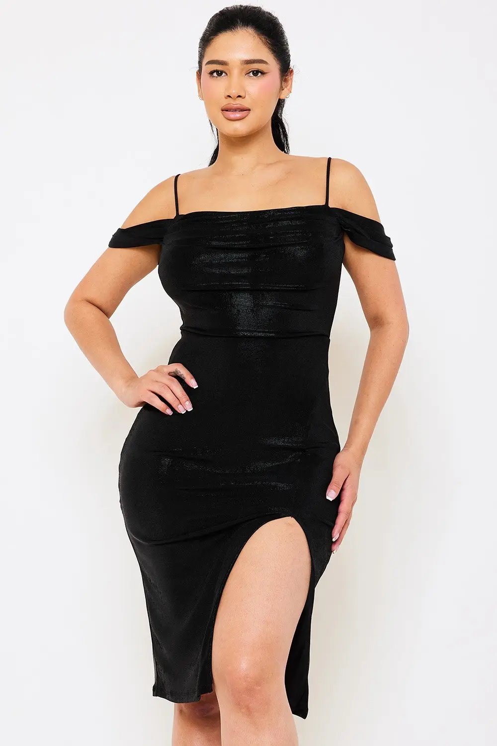 Off Shoulder Midi Dress – Elegant Satin Spaghetti Strap Gown BOUTINIE