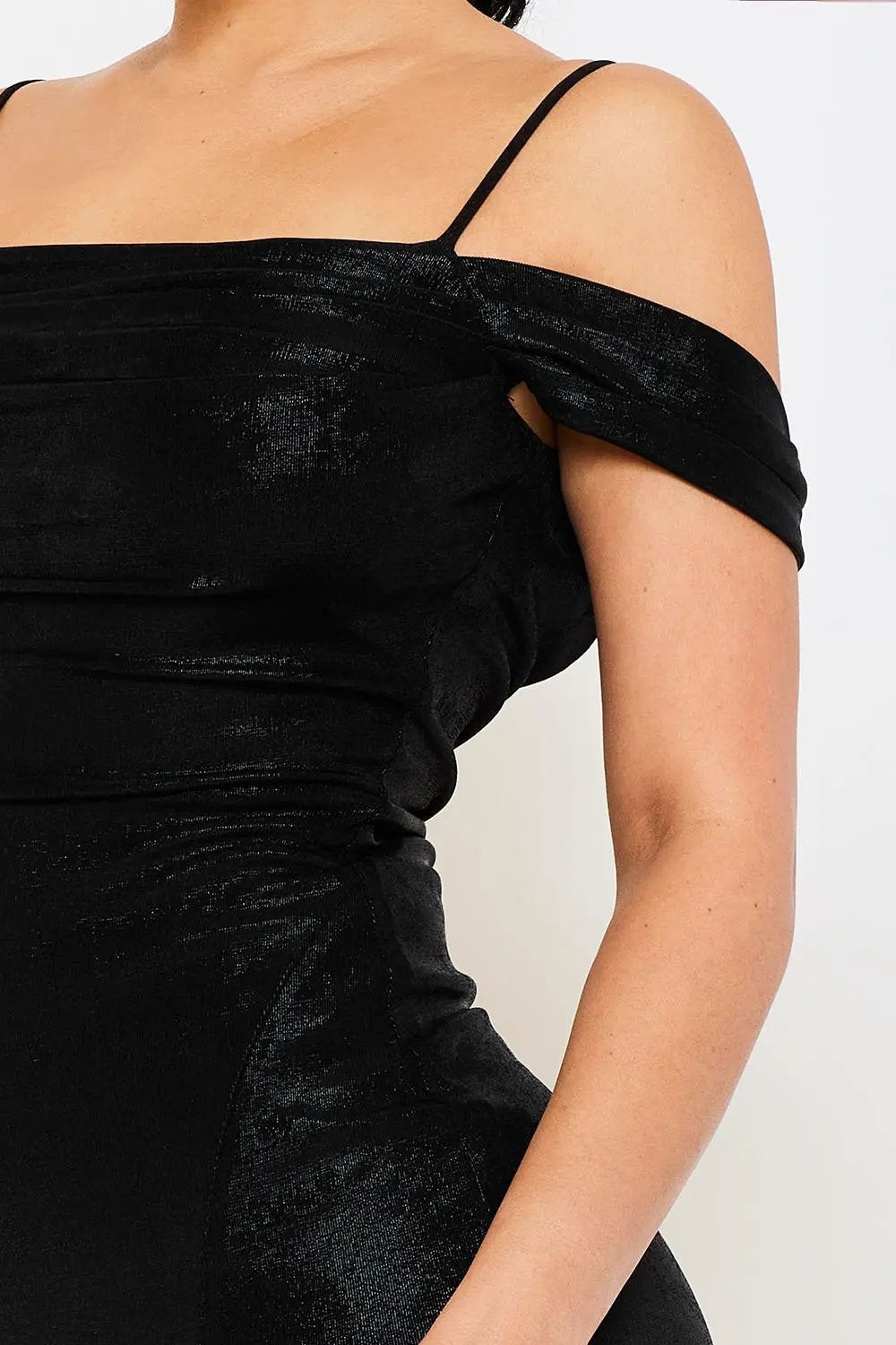 Off Shoulder Midi Dress – Elegant Satin Spaghetti Strap Gown BOUTINIE