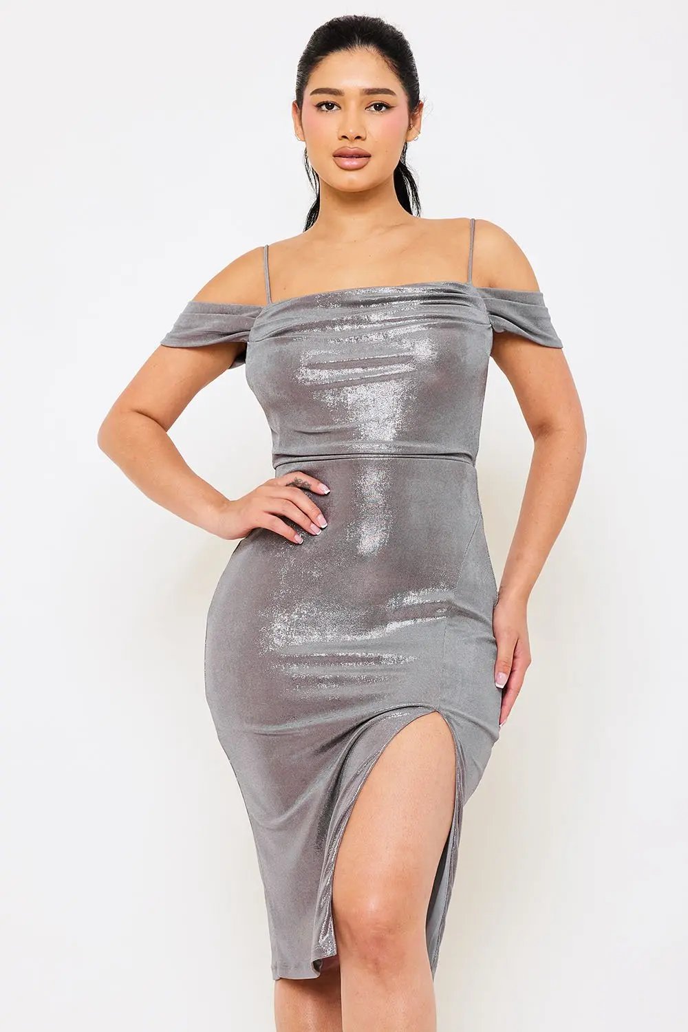 Off Shoulder Midi Dress – Elegant Satin Spaghetti Strap Gown BOUTINIE