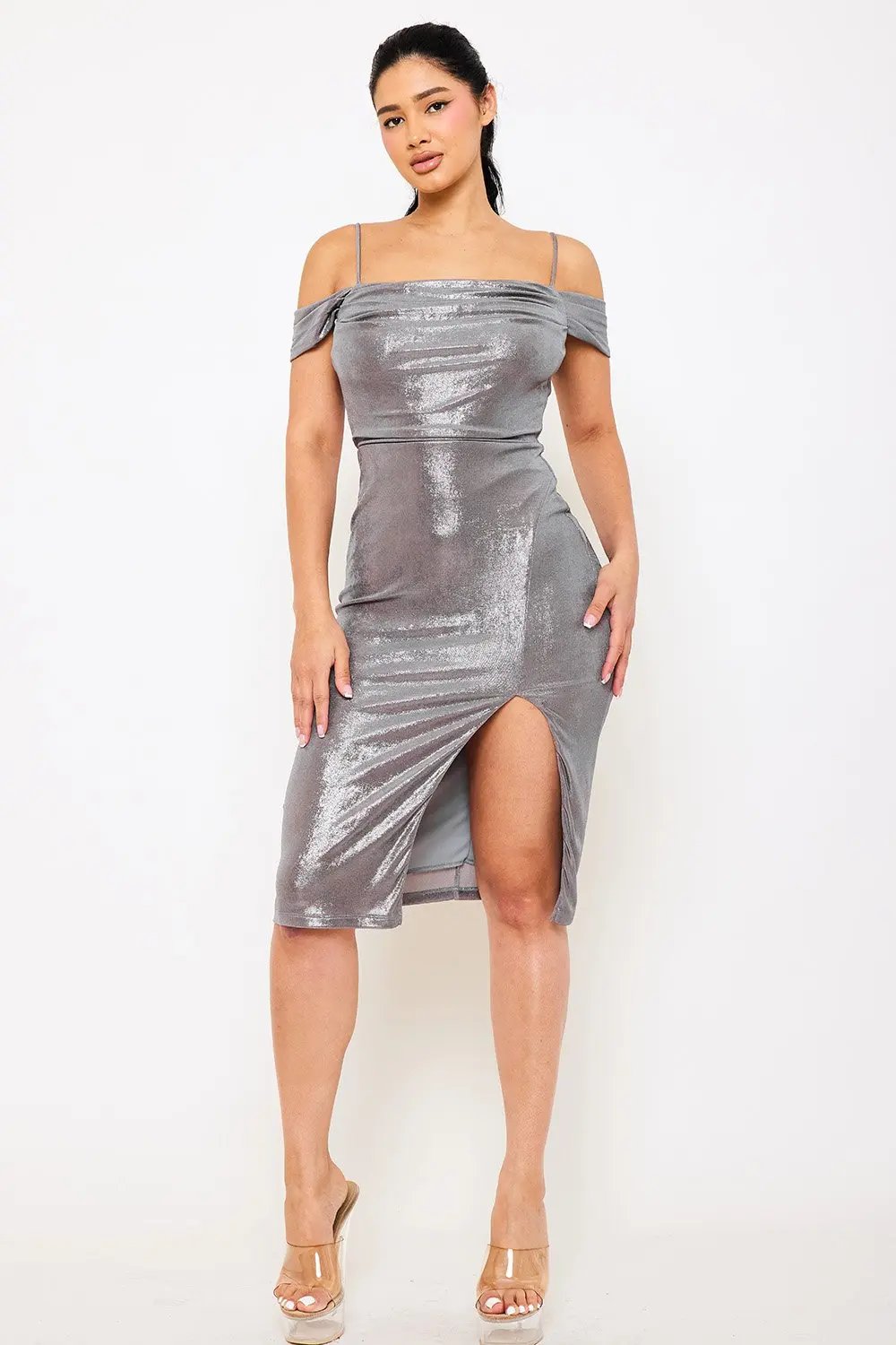 Off Shoulder Midi Dress – Elegant Satin Spaghetti Strap Gown BOUTINIE