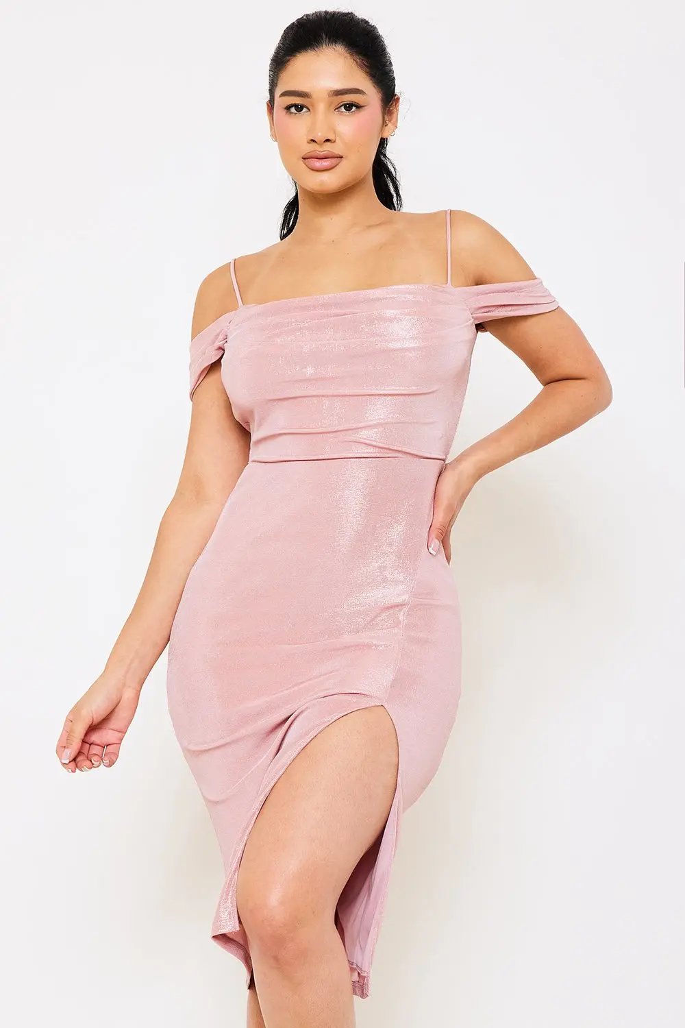 Off Shoulder Midi Dress – Elegant Satin Spaghetti Strap Gown BOUTINIE