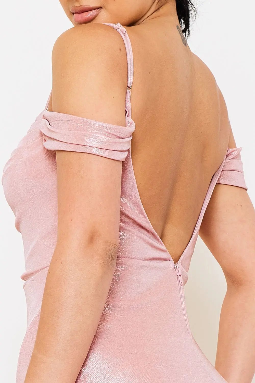 Off Shoulder Midi Dress – Elegant Satin Spaghetti Strap Gown BOUTINIE