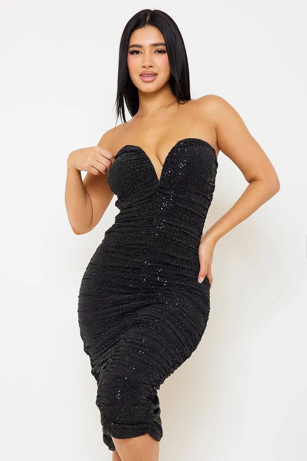 Sequin Ruched Dress - Long Bodycon Evening Wear With Wire Bust Top BOUTINIE
