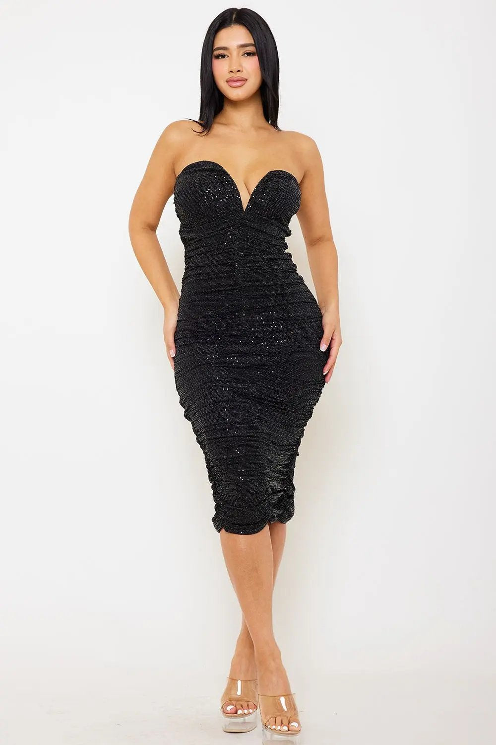 Sequin Ruched Dress - Long Bodycon Evening Wear With Wire Bust Top BOUTINIE