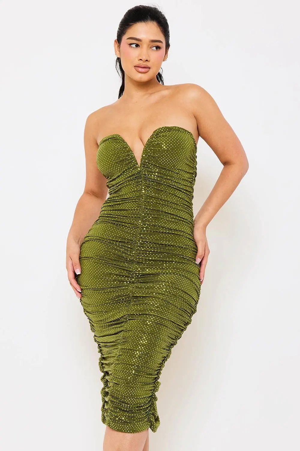 Sequin Ruched Dress - Long Bodycon Evening Wear With Wire Bust Top BOUTINIE