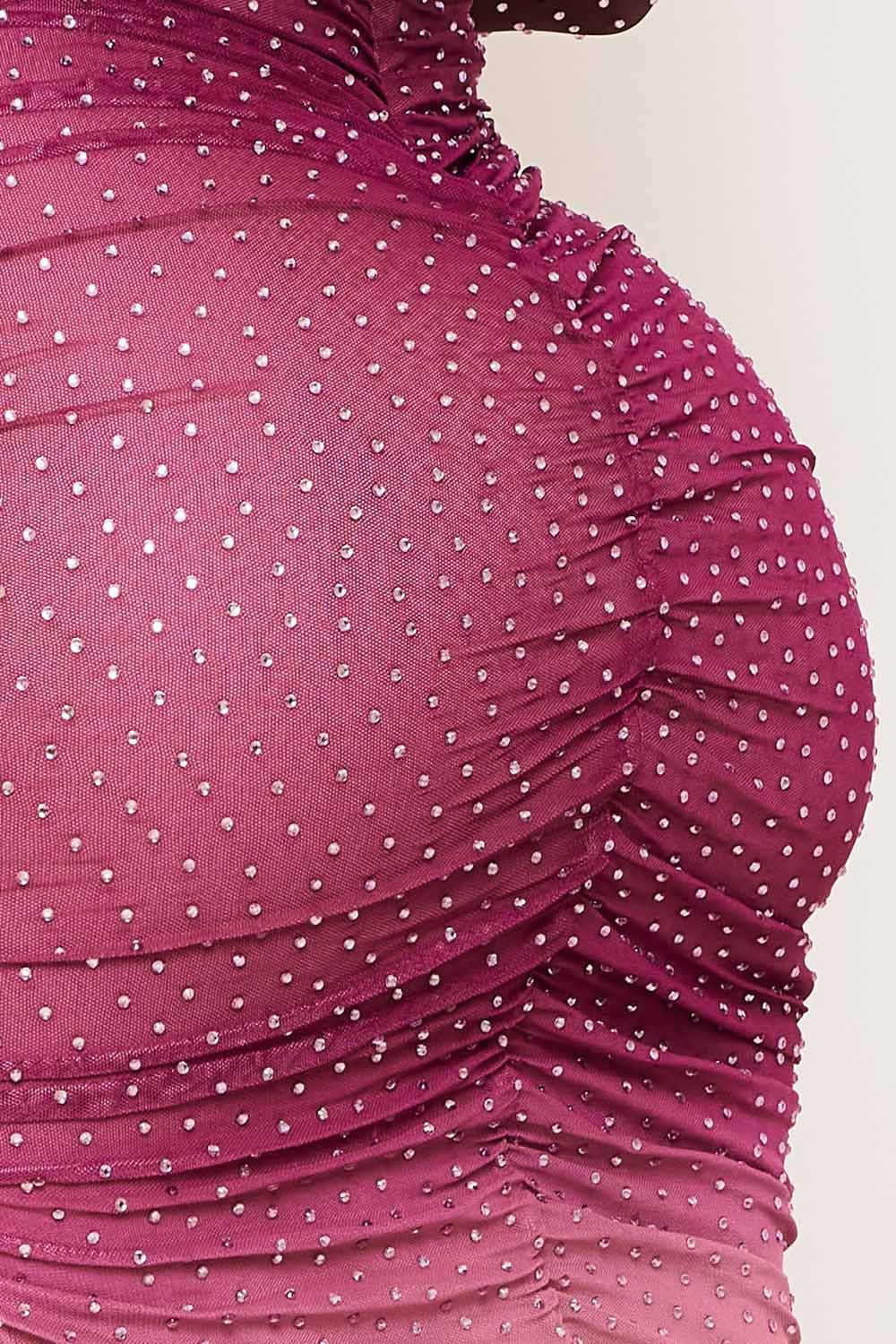 Ombre Rhinestone Dress - Off Shoulder Midi Gown With Pleated Side BOUTINIE