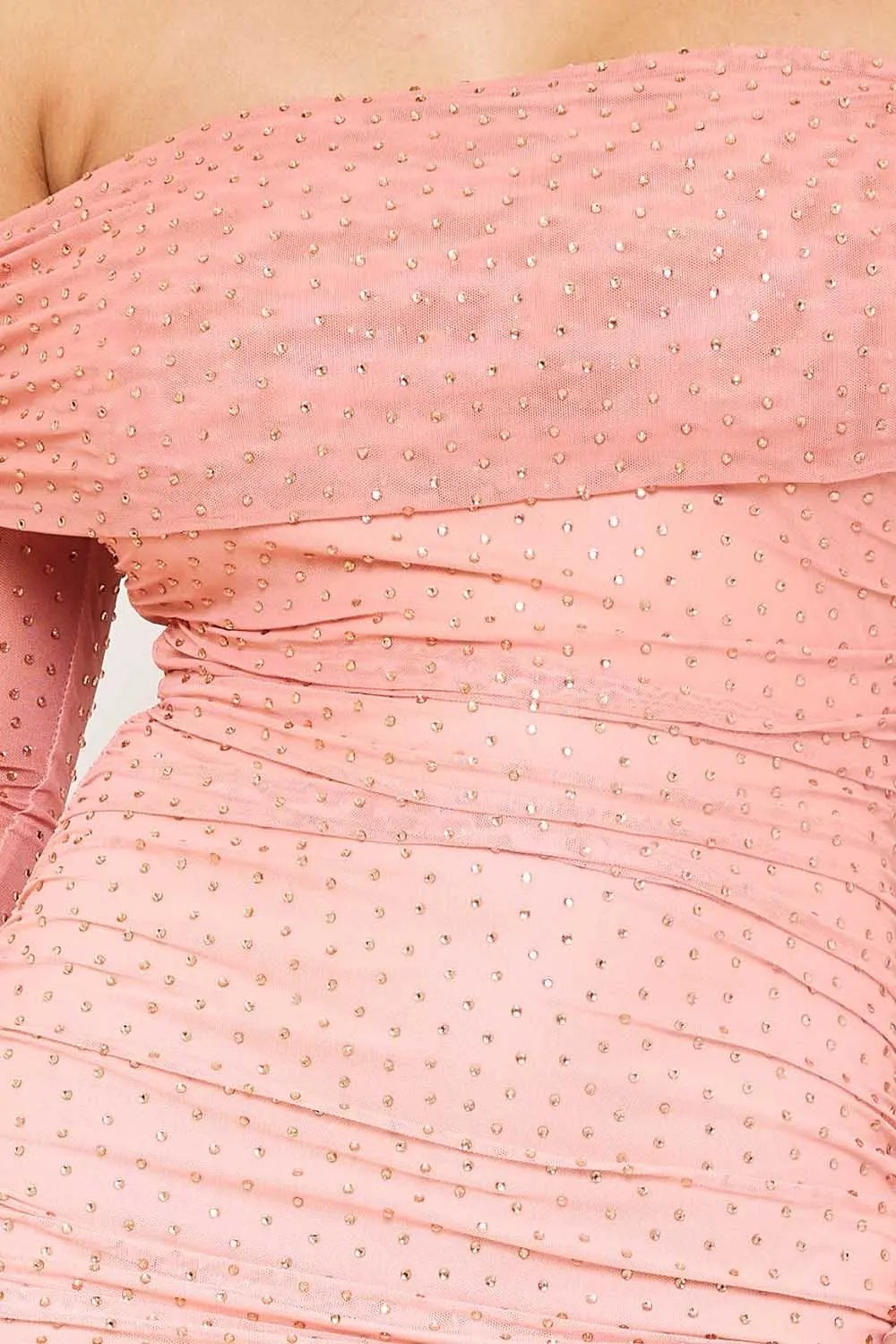 Ombre Rhinestone Dress - Off Shoulder Midi Gown With Pleated Side BOUTINIE