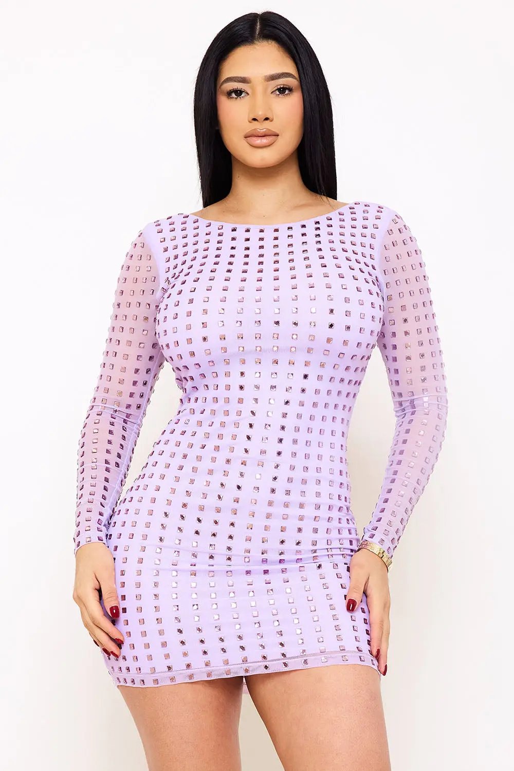 Rhinestone Mini Dress - Square Neck Long Sleeve Slip-On BOUTINIE
