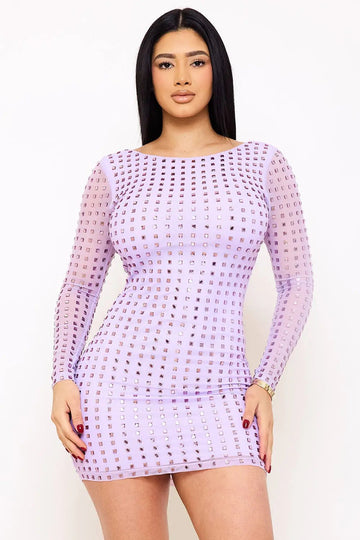 Rhinestone Mini Dress - Square Neck Long Sleeve Slip-On BOUTINIE