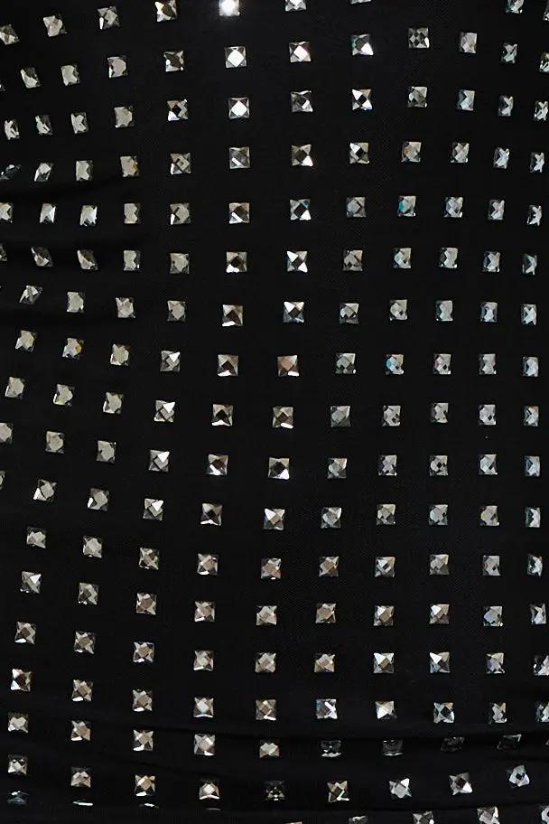 Rhinestone Mini Dress - Square Neck Long Sleeve Slip-On BOUTINIE