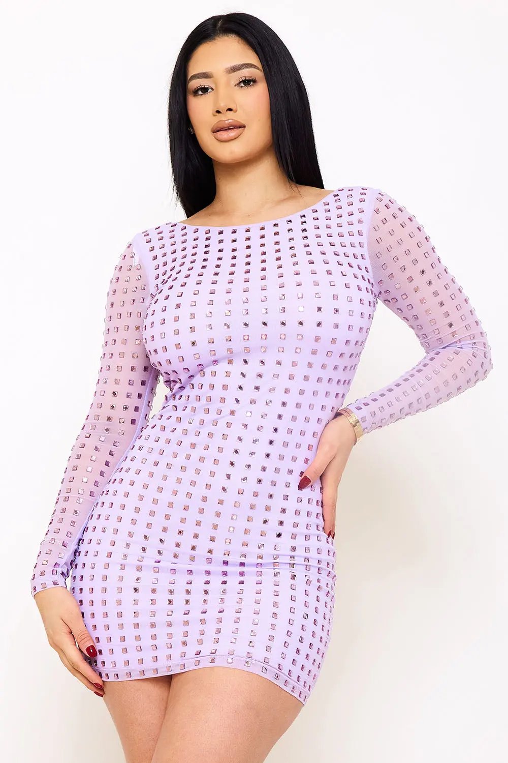 Rhinestone Mini Dress - Square Neck Long Sleeve Slip-On BOUTINIE