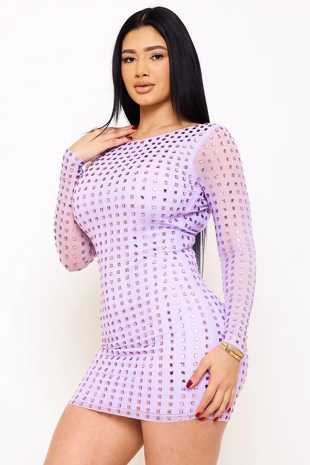 Rhinestone Mini Dress - Square Neck Long Sleeve Slip-On BOUTINIE