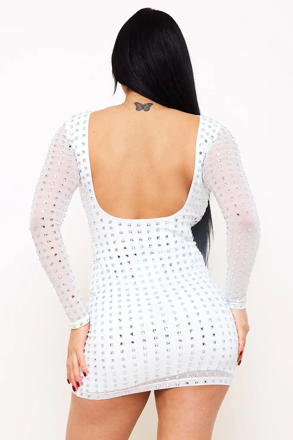 Rhinestone Mini Dress - Square Neck Long Sleeve Slip-On BOUTINIE