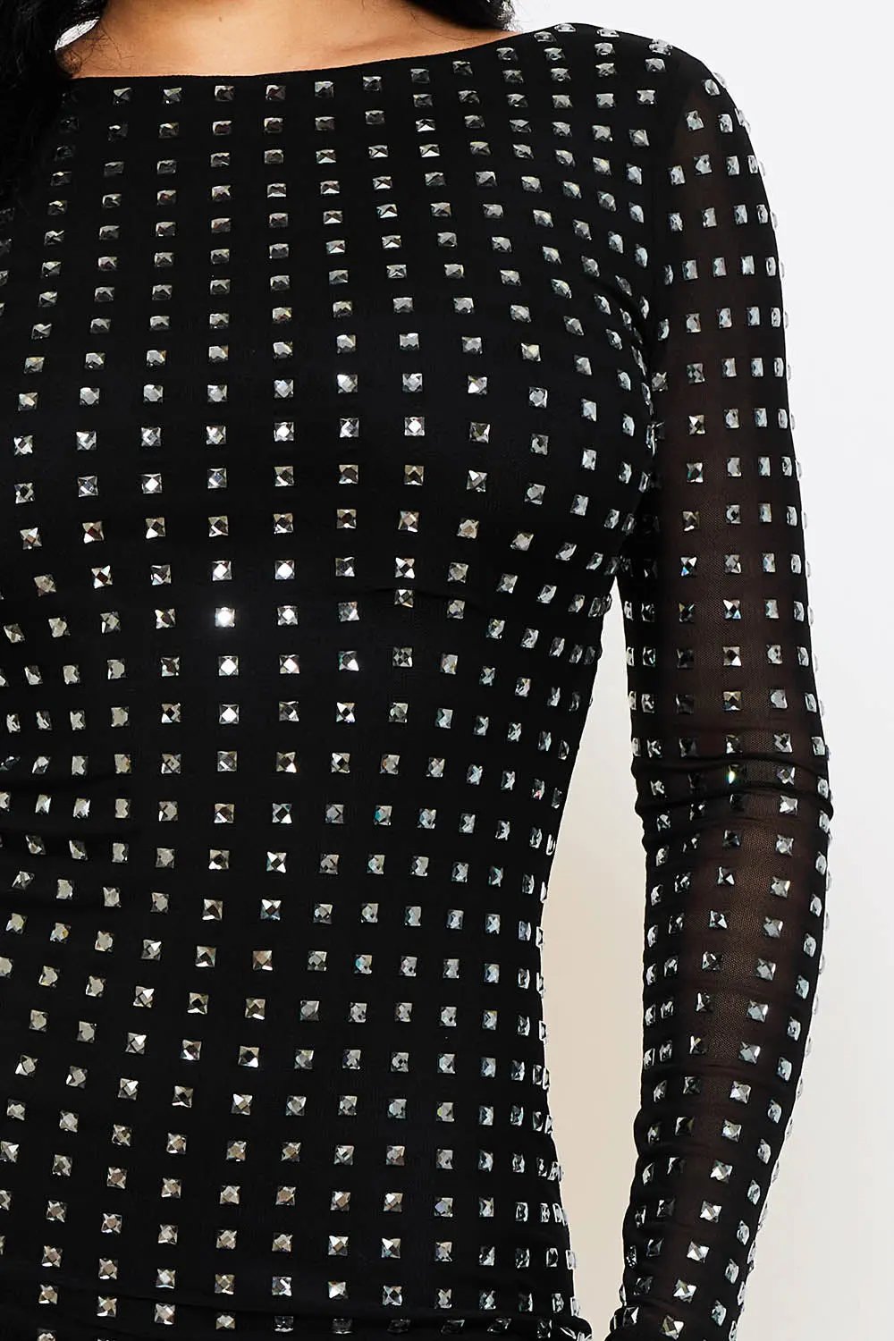 Rhinestone Mini Dress - Square Neck Long Sleeve Slip-On BOUTINIE