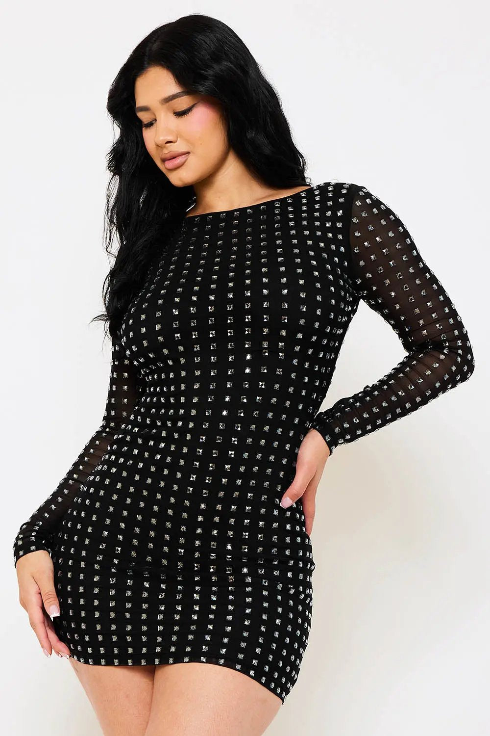 Rhinestone Mini Dress - Square Neck Long Sleeve Slip-On BOUTINIE