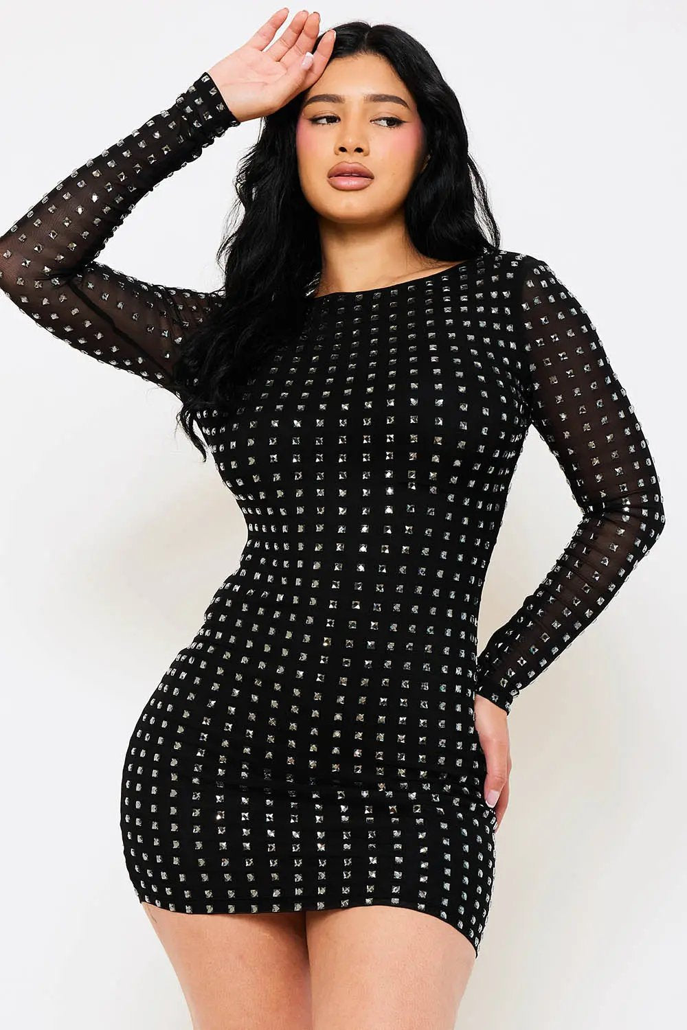 Rhinestone Mini Dress - Square Neck Long Sleeve Slip-On BOUTINIE