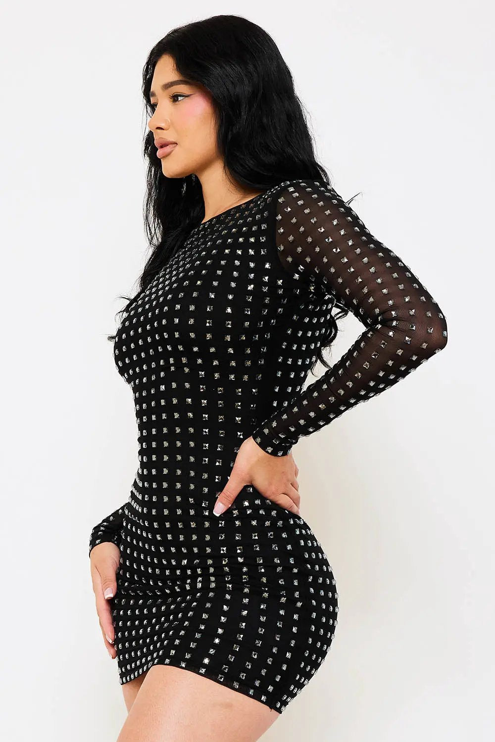 Rhinestone Mini Dress - Square Neck Long Sleeve Slip-On BOUTINIE