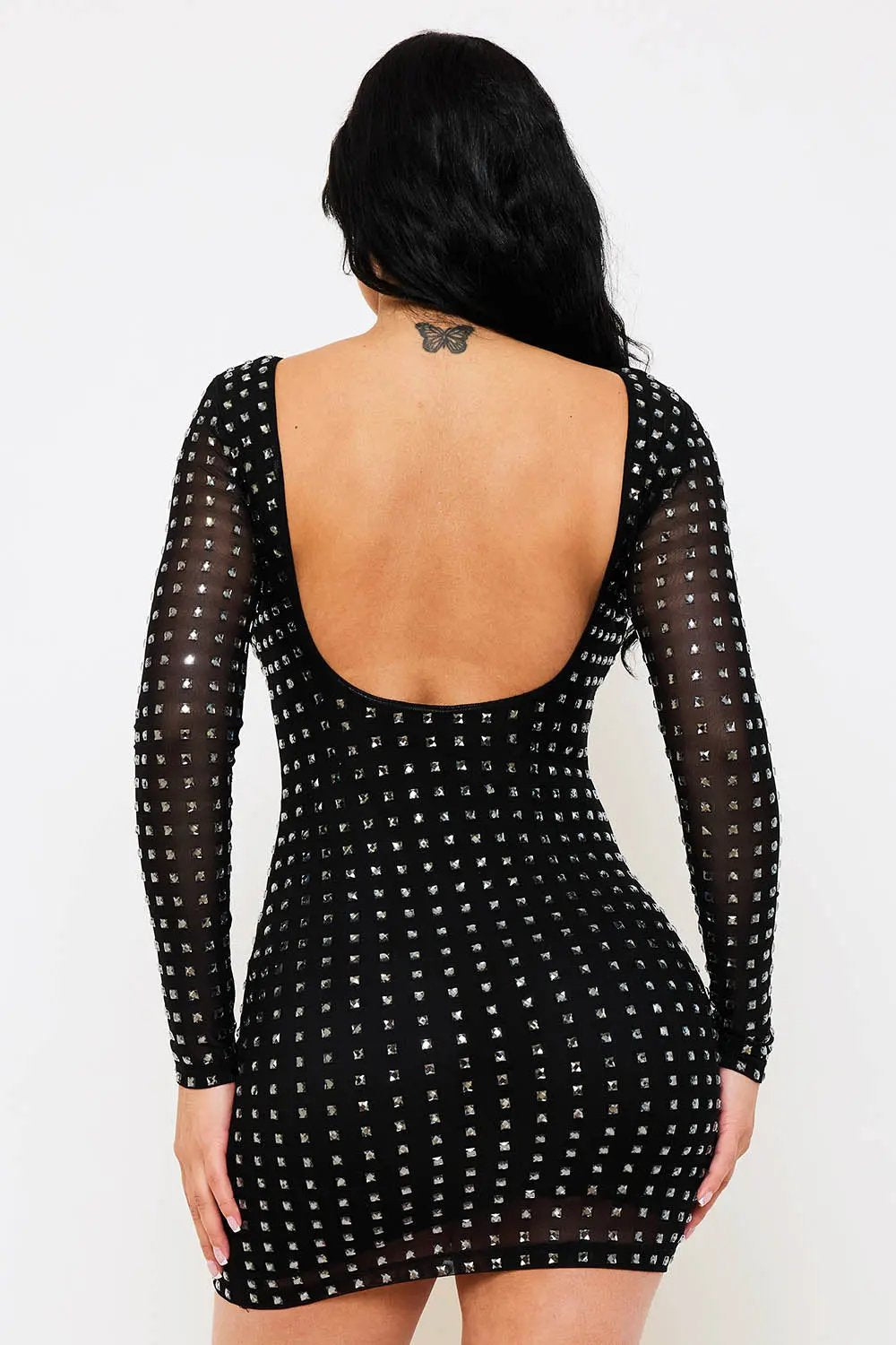 Rhinestone Mini Dress - Square Neck Long Sleeve Slip-On BOUTINIE