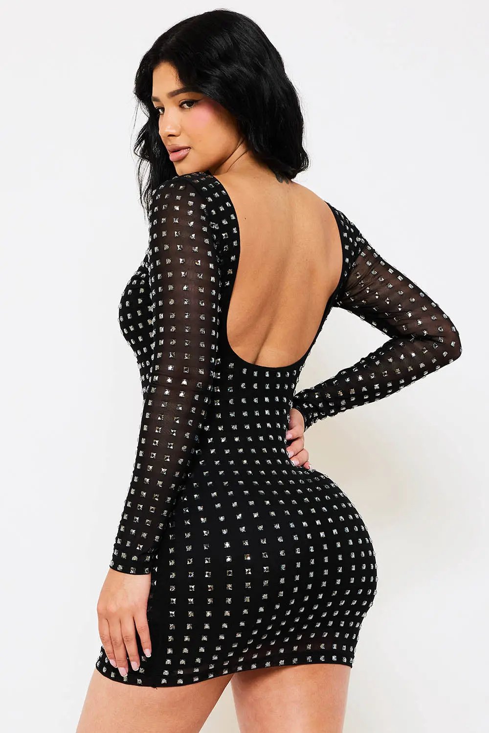Rhinestone Mini Dress - Square Neck Long Sleeve Slip-On BOUTINIE