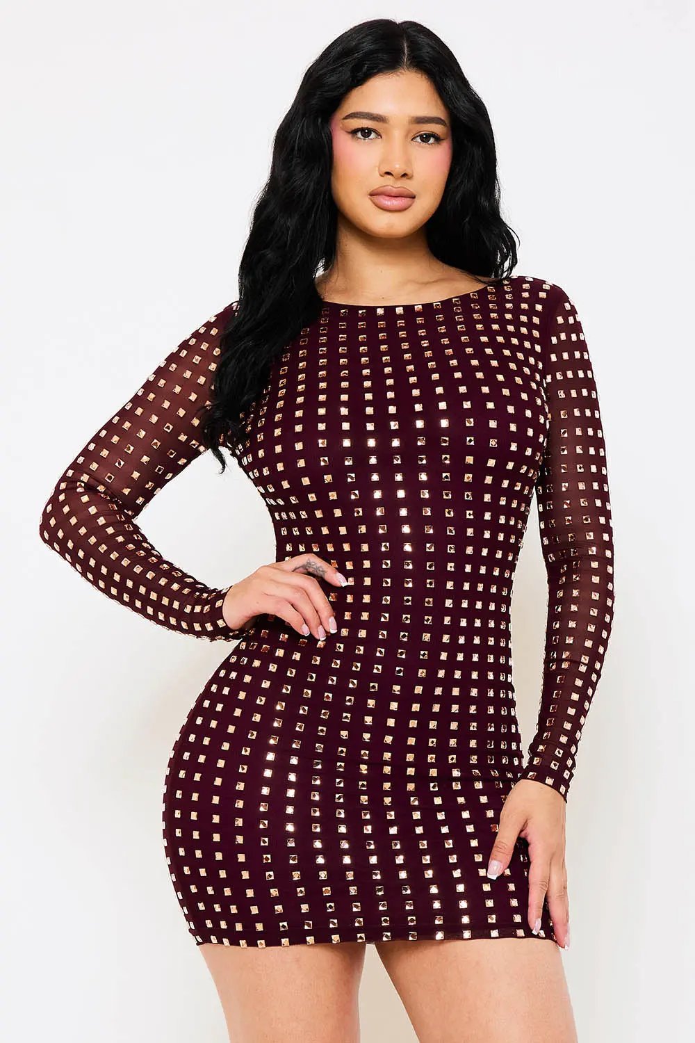 Rhinestone Mini Dress - Square Neck Long Sleeve Slip-On BOUTINIE