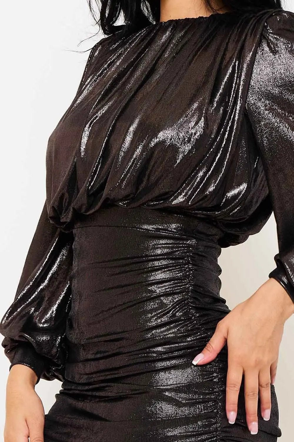 Metallic Pleated Mini Dress - Balloon Sleeve Zipper Back BOUTINIE