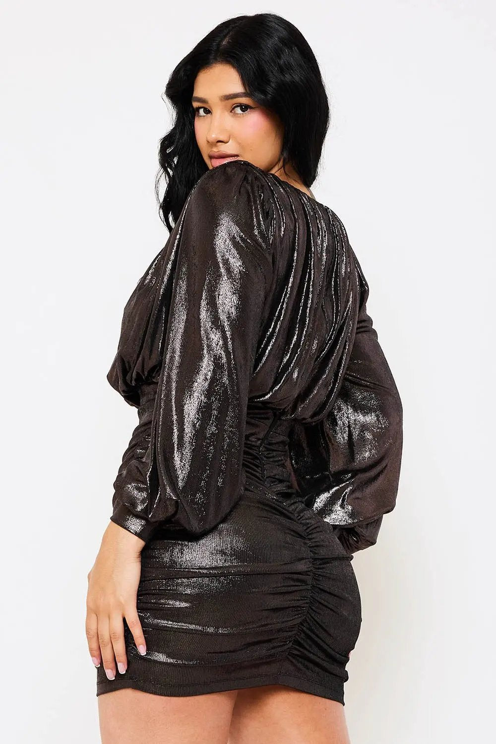 Metallic Pleated Mini Dress - Balloon Sleeve Zipper Back BOUTINIE