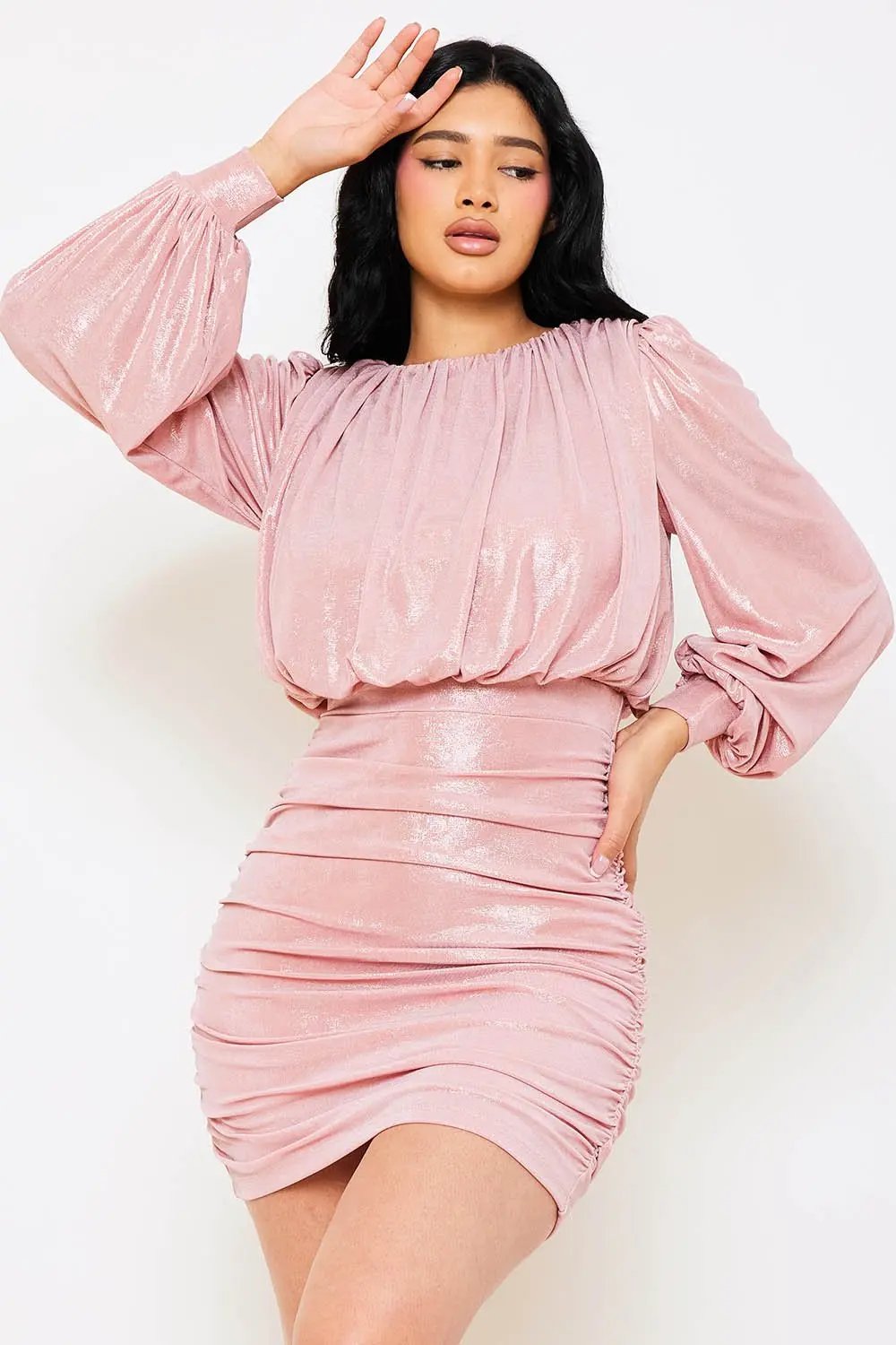 Metallic Pleated Mini Dress - Balloon Sleeve Zipper Back BOUTINIE