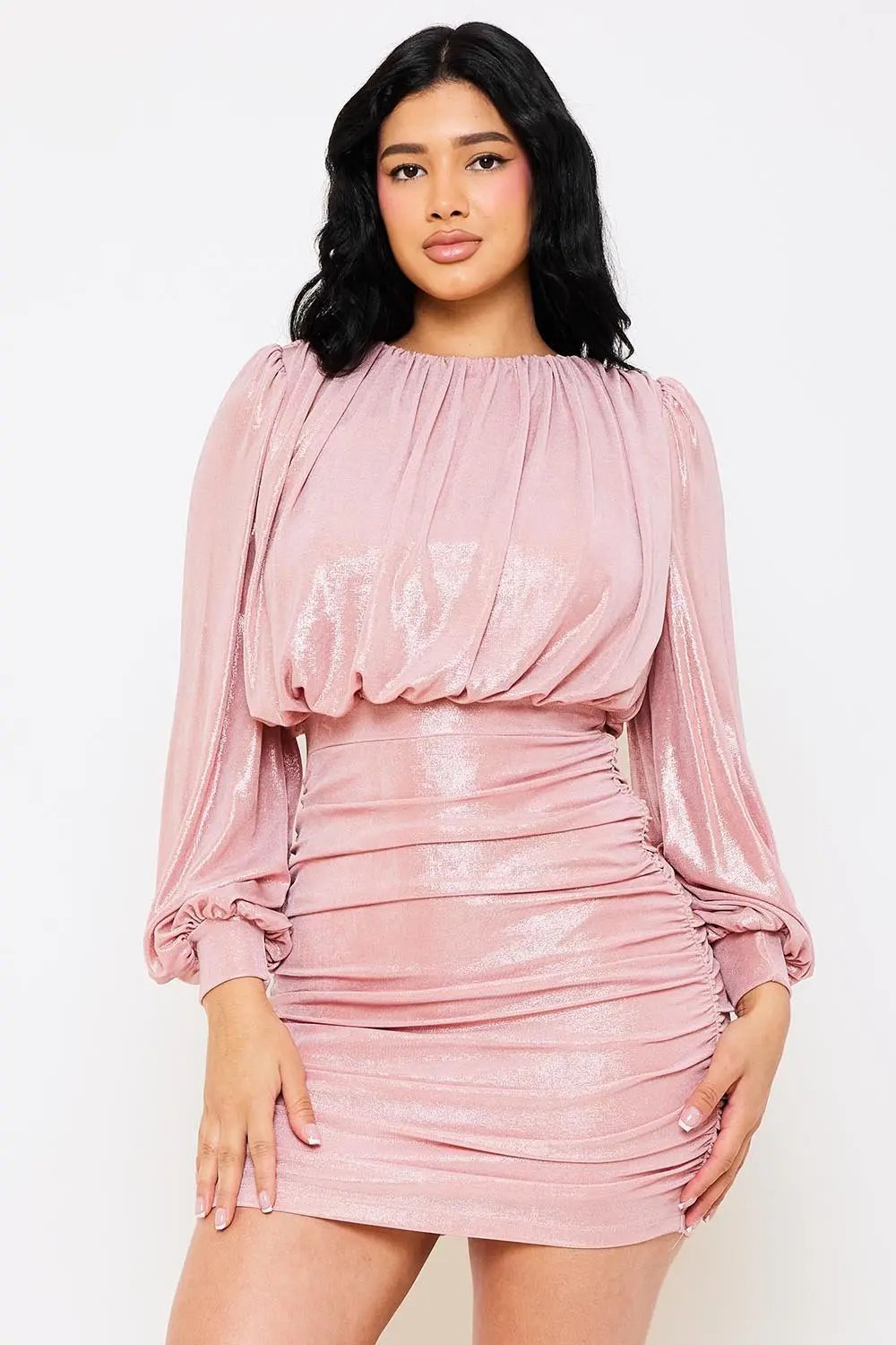 Metallic Pleated Mini Dress - Balloon Sleeve Zipper Back BOUTINIE
