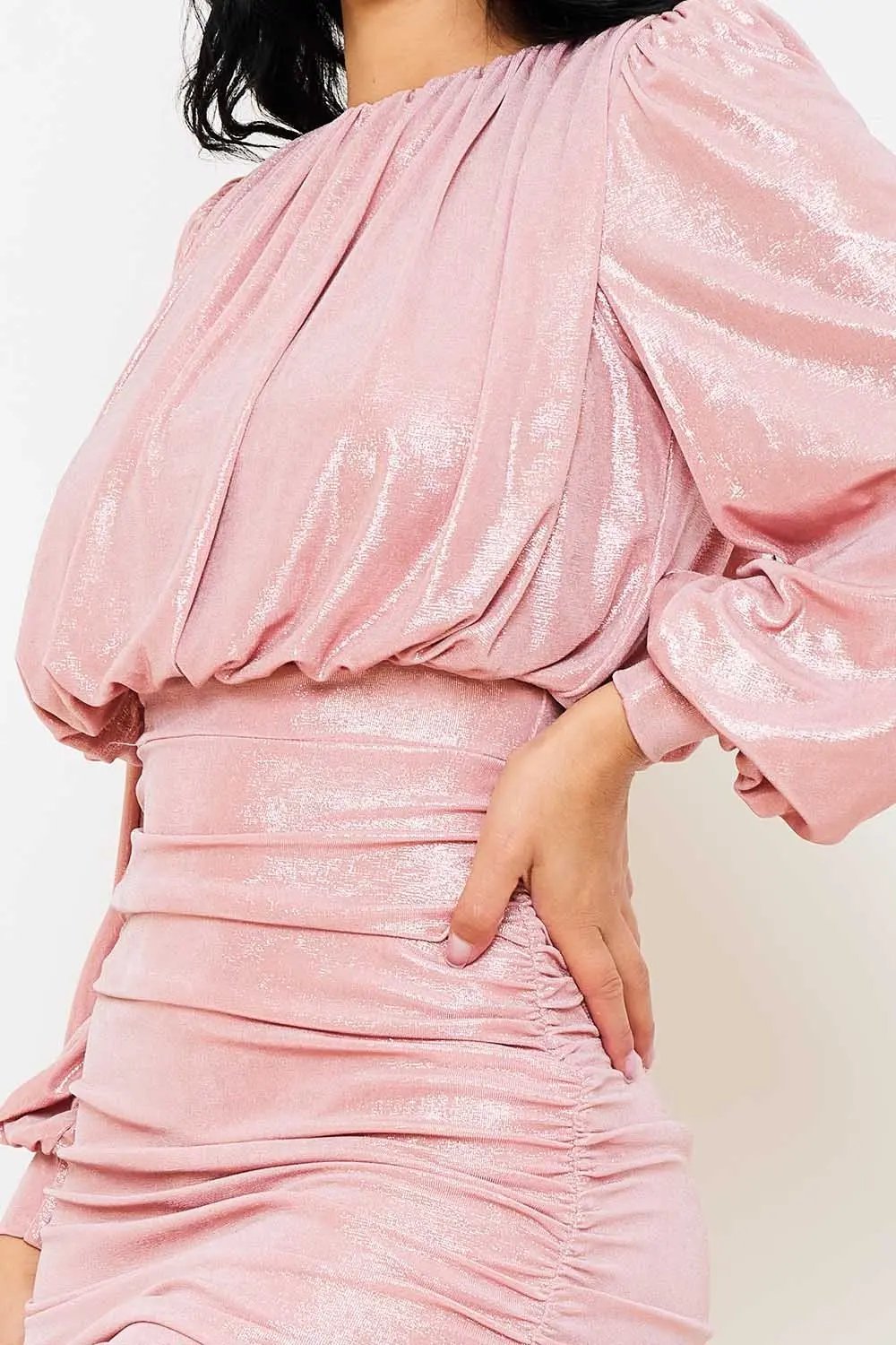 Metallic Pleated Mini Dress - Balloon Sleeve Zipper Back BOUTINIE